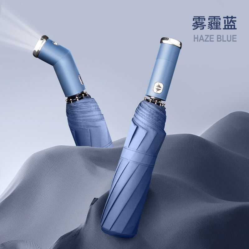 10骨雙股帶皮套旋轉手電筒-霧霾藍